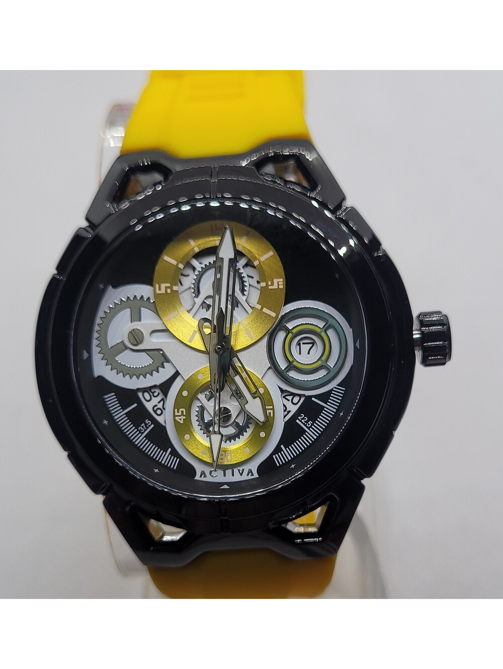 263 activa Drif x 44mm yellow dial date silicone strap analog wristwatch